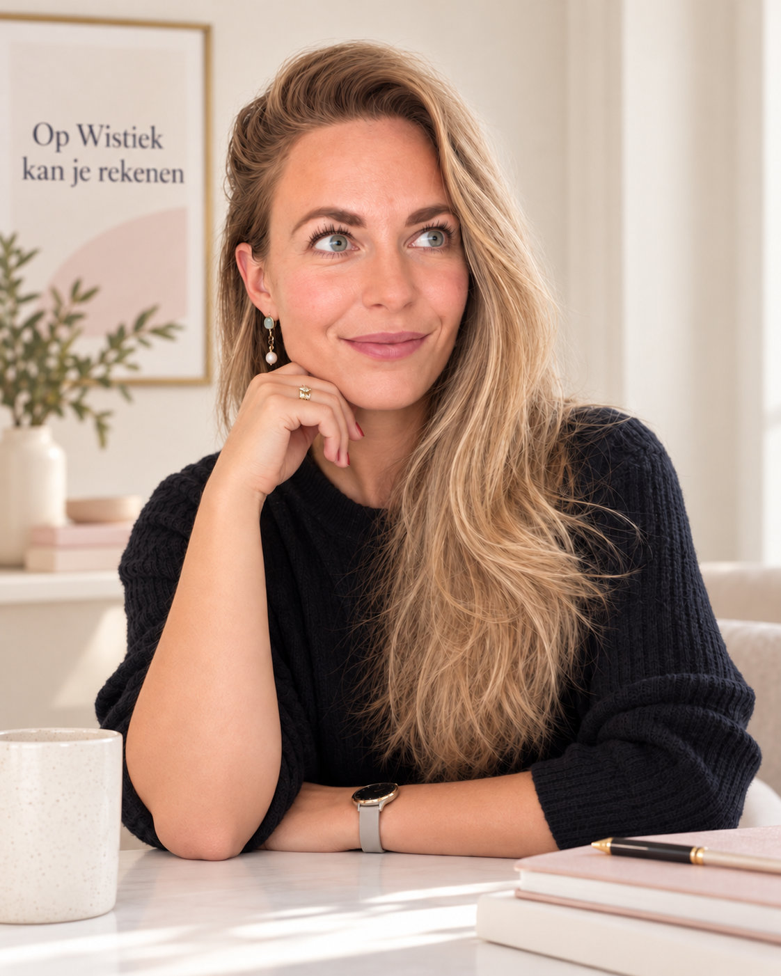 Mariëlle van Wistiek aan haar bureau, met boeken en een kop koffie