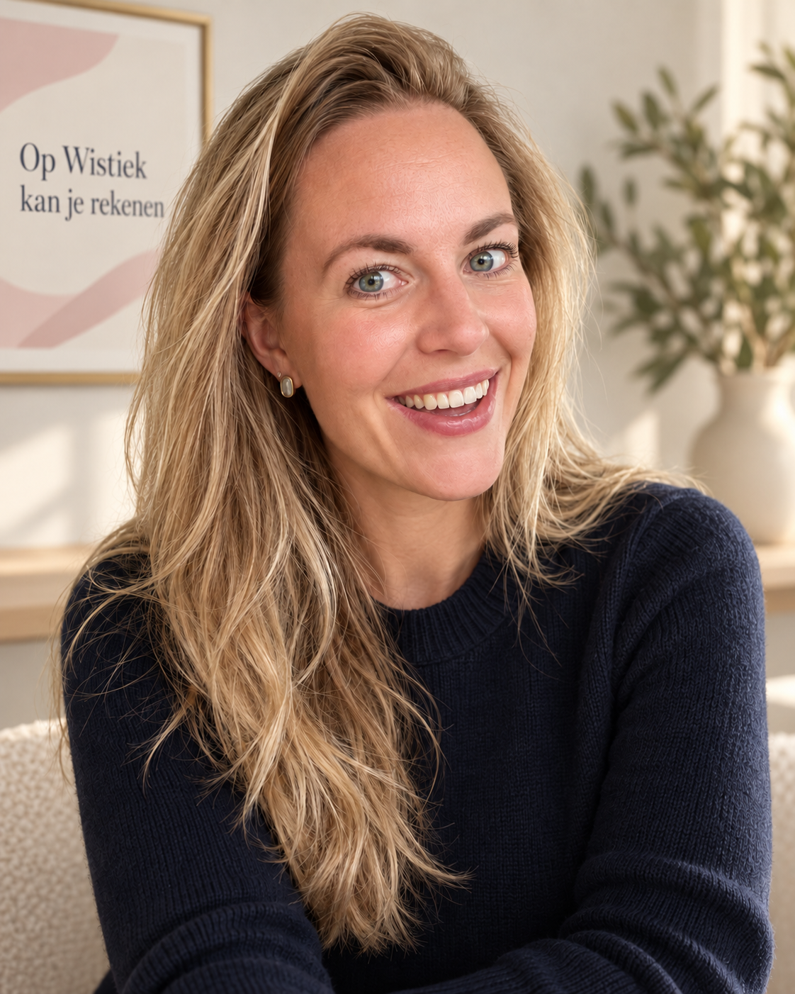 Mariëlle, de docent achter Wistiek, lachend in haar werkkamer